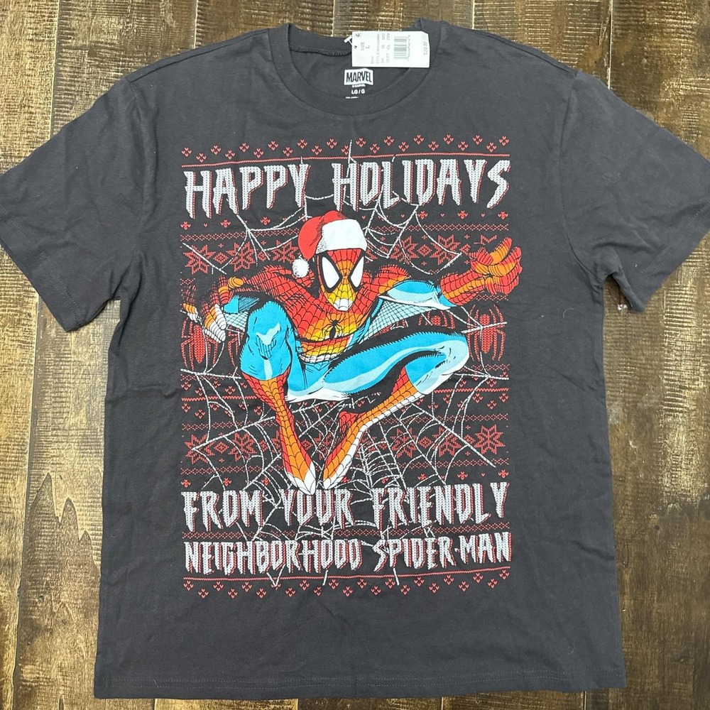 Marvel Spider-Man Happy Holidays Black Cotton Graphic Tee T-Shirt